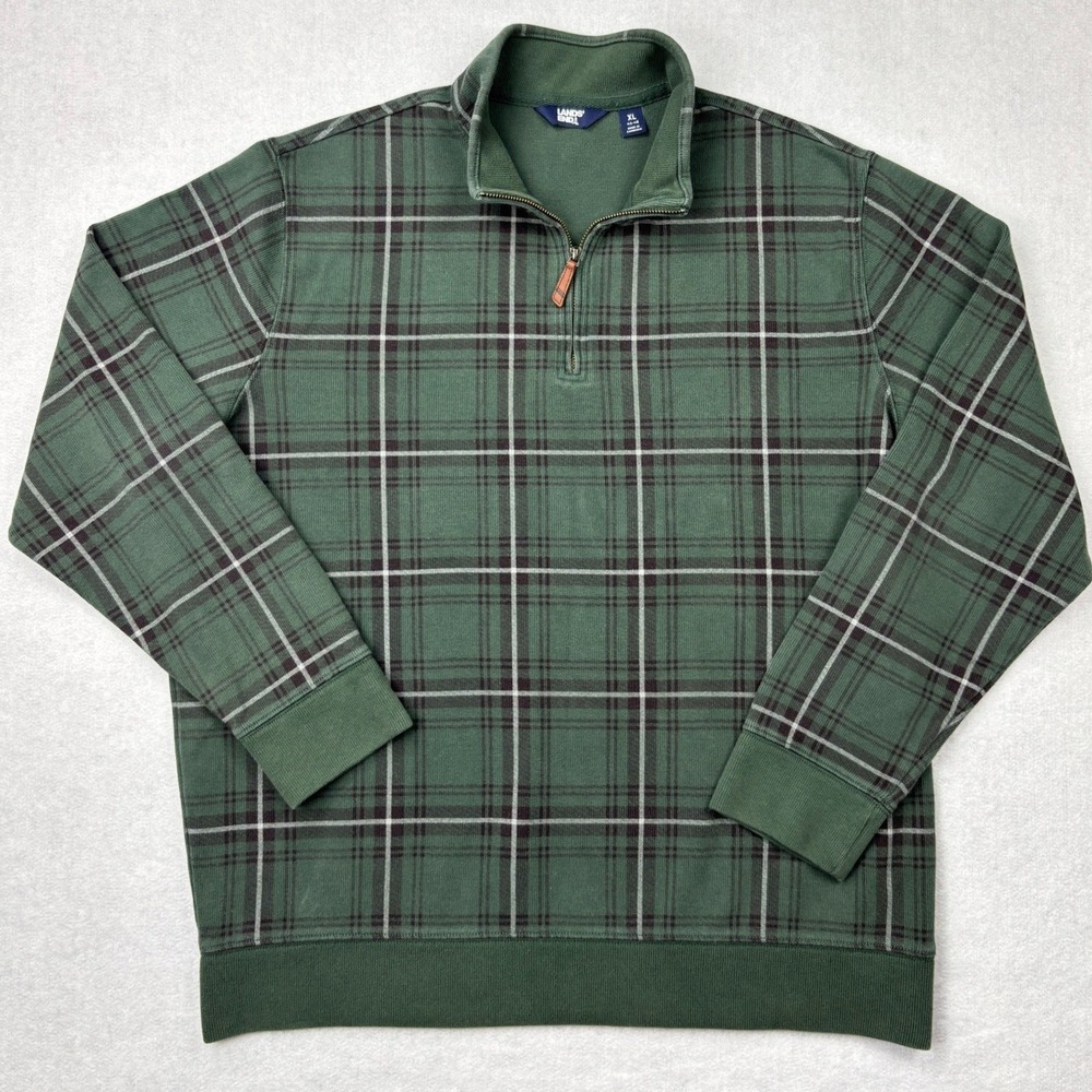Lands End Quarter Zip Sweatshirt Mens XL Green Plaid Fleece Pullover Mock Neck